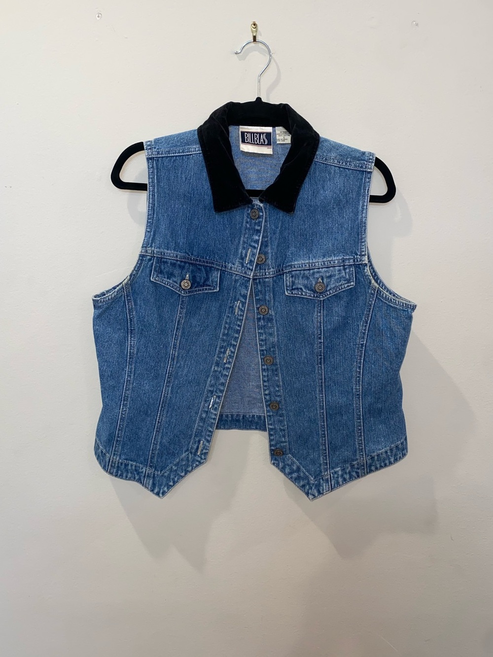 Vintage 90s Bill Blass Blue Denim Vest with Black Velvet Collar - Western, Alt